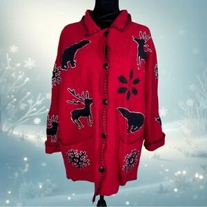 Vintage Handmade Red Winter Sweater Cardigan Reindeer Snowflakes Bears XL Or 2XL